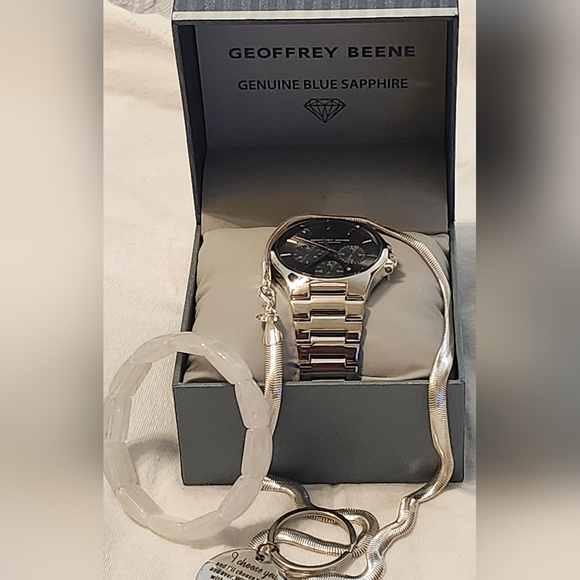 Geoffrey Beene Blue Sapphire Chronograph Bracelet Watch 42mm Silver Bundled - Picture 5 of 8